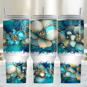 Alcohol Ink Flower 40oz Tumbler Wrap, PNG Tumbler Design Sublimation Design Downloads, Teal Sublimation Design Tumbler with Handle Wrap