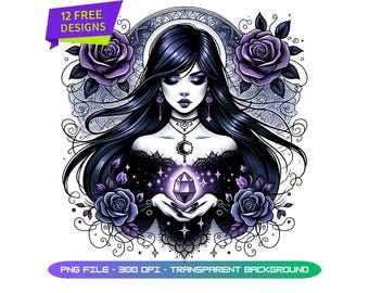 Gothic Witch Png Designs, Purple Roses, Crystal, Woman, Dark Art Png, Gothic Png Designs, Fantasy Png Designs, Floral Png Designs, Digital