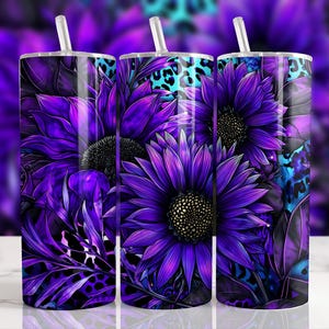 Purple Sunflowers Leopard 20oz Skinny Tumbler Wrap, Floral Sublimation Tumbler Design, Leopard Print Flower Digital Download