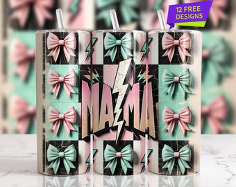 May include: A set of three stainless steel tumblers with straws. Each tumbler features a repeating pattern of pink and teal bows on a checkered background. The word "NAMA" is displayed in a bold, stylized font with a lightning bolt.