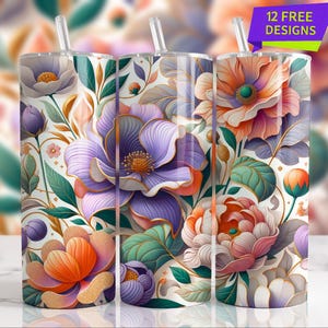 花柄20オンススキニータンブラーラップ、カラフルな花柄タンブラーデザイン、花柄タンブラーPNG、タンブラー昇華デザイン、デジタルダウンロードギフト