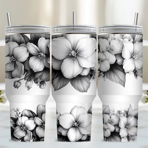 Black and White 40oz Tumbler Wrap - Floral Seamless PNG Tumbler Design Sublimation Designs Downloads - PNG Flower Tumbler Wrap