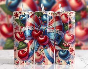 Vaso delgado de 20 oz, diseño de lazo de cereza, vaso patriótico, estrellas y rayas, artículos festivos, diseño de sublimación, vaso personalizado