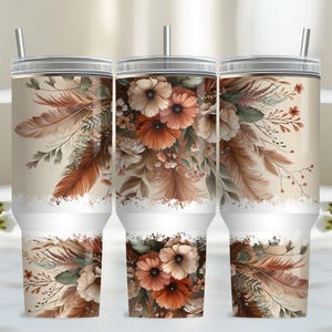Pastel Flower Wrap for 40oz Tumbler, Boho Floral PNG Tumbler Design, Feather Sublimation Designs Downloads for 40 oz Tumbler
