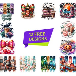 Halloween Sticker Pack, Ghoul Gang, Spooky Season, Witchy Decals, Pumpkin, Bat, 12 Free Designs