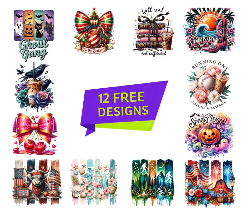 Halloween Sticker Pack, Ghoul Gang, Spooky Season, Witchy Decals, Pumpkin, Bat, 12 Free Designs
