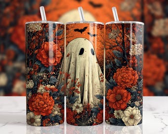 Floral Ghost 20 oz Skinny Tumbler Wrap, Halloween Tumbler Design, Spooky Ghost Tumbler PNG, Autumn Flowers Tumbler, Fall Tumbler Wrap