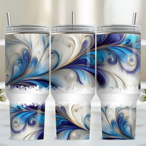 Blue 40oz Tumbler Wrap - Floral Seamless PNG Tumbler Design Sublimation Designs Downloads - PNG, Quencher 40oz with Handle