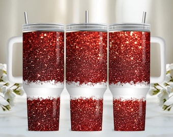 Red Glitter 40oz Tumbler Wrap, PNG Tumbler Design Sublimation Design Downloads, Quencher 40oz Tumbler with Handle Wrap