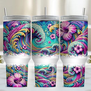 Tumbler Wrap da 40 once con onde oceaniche, modello per sublimazione da 40 once con oceano, tumbler wrap da 40 once con fiori tropicali estivi da spiaggia