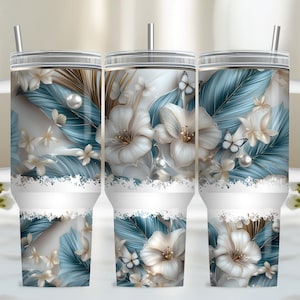 White Teal Flower 40oz Tumbler Wrap, PNG Tumbler Design Sublimation Designs Downloads, Flower Sublimation Tumbler with Handle Wrap