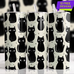 May include: Three stainless steel tumblers with a black cat pattern on a cream background. Each tumbler has a white straw and the text "12 FREE DESIGNS" on a purple and green banner.