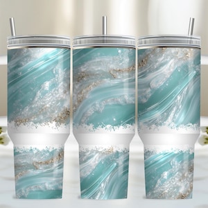 Faux Marble 40oz Tumbler Wrap, PNG Tumbler Design Sublimation Design Downloads, Teal Sublimation Design Tumbler with Handle Wrap