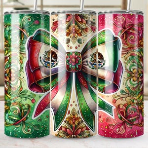 Latino Sublimation Tumbler Design, Mexican Flag Coquette Bow 20oz Tumbler Wrap PNG, Mexican Flag Art Latino PNG, Skinny Tumbler Download