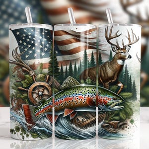 American Flag Trout Fishing Deer Camo Seamless Tumbler Wrap 20oz Skinny Tumbler Sublimation Design, Hunting Season Tumbler, digital PNG File