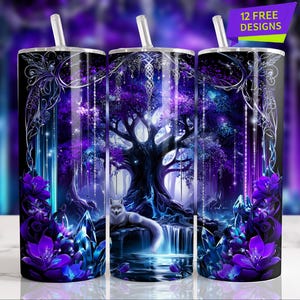 May include: Three stainless steel tumblers with a fantasy forest design. The artwork features a purple and blue colour scheme with a tree, a wolf, and flowers. The tumblers have a straw and the text "12 FREE DESIGNS".