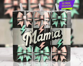 May include: Three stainless steel tumblers with lids and straws. Each tumbler features a retro design with the word "Mama" in white, accented by pink and teal bows, and lightning bolts. The tumblers have a black and gray background.