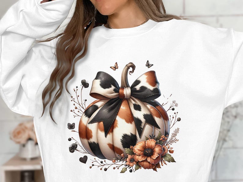Women's White Sweatshirt with Elegant Leopard Print Pumpkin and Floral Design for Fall Fashion