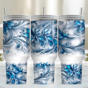 Silver Floral 40oz Tumbler Wrap, PNG Tumbler Design Sublimation Design Downloads, Pink Floral Sublimation Design Tumbler with Handle Wrap