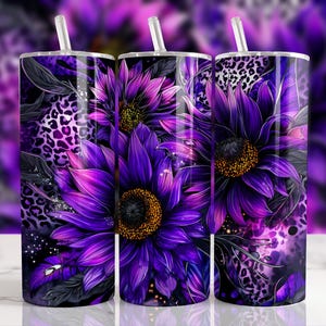 Purple Sunflowers Leopard 20oz Skinny Tumbler Wrap, Floral Sublimation Tumbler Design, Leopard Print Flower Digital Download