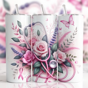 Floral Stethoscope 20oz Skinny Tumbler Wrap, Pink Rose Butterfly Doctor Nurse Tumbler Design, Medical Flower Sublimation Design
