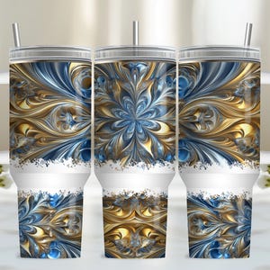 Gold 40oz Tumbler Wrap, PNG Tumbler Design Sublimation Design Downloads, Blue Sublimation Design Tumbler with Handle Wrap