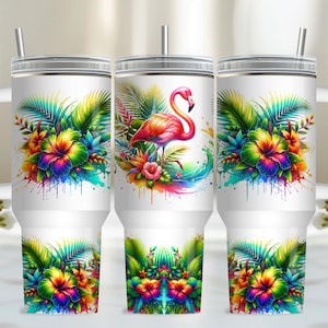 Flamingo 40 Unzen Tumbler Wrap, PNG Tumbler Design Sublimation Designs Downloads, Tropicall Sublimation Tumbler mit Griff Wrap