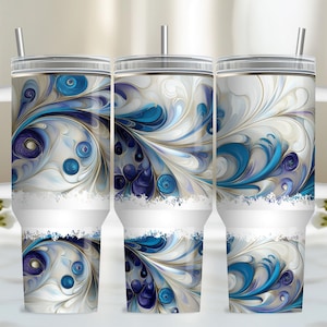 Blue 40oz Tumbler Wrap - Floral Seamless PNG Tumbler Design Sublimation Designs Downloads - PNG, Quencher 40oz with Handle