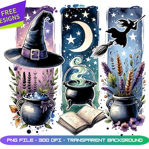 Watercolor Witch Png Design, Halloween Witch Hat Cauldron Png, Witch Flying Png, Spooky Season Png Design, Fall Png, Digital Download