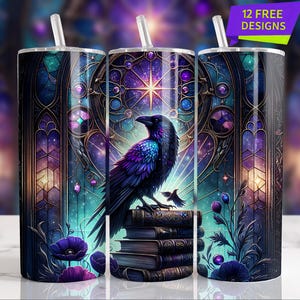 May include: A set of three stainless steel tumblers with straws, featuring a gothic raven design. The design includes a raven perched on books, set against a stained-glass window background with purple and teal hues. The tumblers have a capacity of approximately 20 ounces.