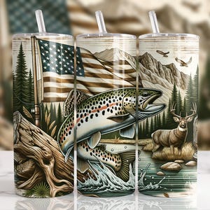 American Flag Trout Fishing Deer Camo Seamless Tumbler Wrap 20oz Skinny Tumbler Sublimation Design, Hunting Season Tumbler, digital PNG File