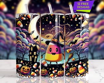 May include: Three Halloween-themed tumblers with straws. Each tumbler features a colorful design with a candy corn character wearing a witch hat, a haunted house, pumpkins, bats, and candy corn against a night sky background. The text "12 FREE DESIGNS" is visible.