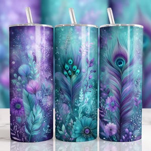 May include: Three stainless steel tumblers with a peacock feather and floral design. The tumblers are purple, teal, and blue with a glitter finish.