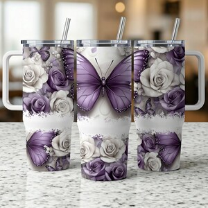 Purple Butterfly 40oz Tumbler Wrap, PNG Tumbler Design Sublimation Designs Downloads, Flower Butterfly Sublimation Tumbler with Handle Wrap image 3