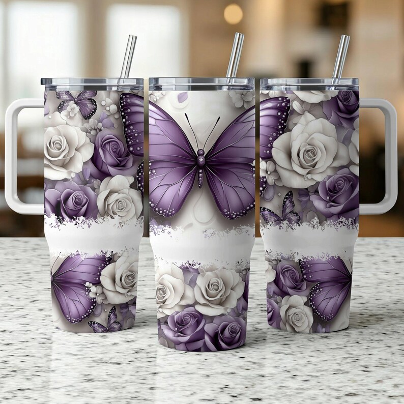 Purple Butterfly 40oz Tumbler Wrap, PNG Tumbler Design Sublimation Designs Downloads, Flower Butterfly Sublimation Tumbler with Handle Wrap image 3
