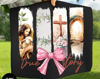 La verdadera historia de Pascua PNG, Diseño de la resurrección del cordero de Jesús, Descarga digital de sublimación de acuarela cristiana, Fe en Él ha resucitado PNG