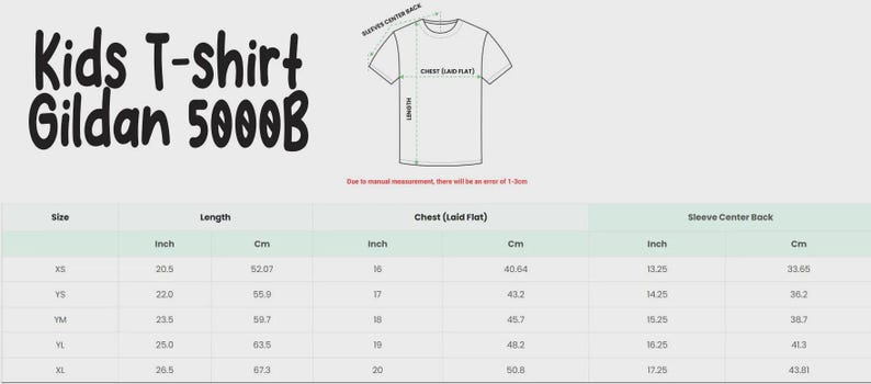 Puede incluir: Maqueta de camiseta blanca con una tabla de tallas, que incluye medidas en pulgadas y cent&iacute;metros. El texto "Kids T-shirt Gildan 5000B" se muestra en la parte superior. La tabla muestra tallas de XS a XL.