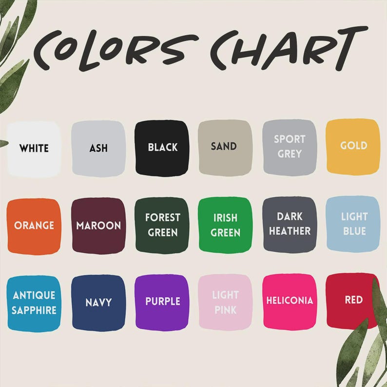 Puede incluir: Una carta de colores con una variedad de muestras de color, incluyendo blanco, negro, arena, naranja, granate, verde bosque, verde irland&eacute;s, zafiro antiguo, azul marino, morado, rosa claro, heliconia y rojo. El texto "COLORS CHART" est&aacute; en la parte superior.