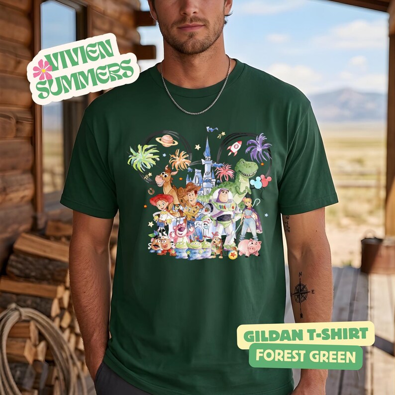 Camiseta de Toy Story con diseño de acuarela del castillo de Pixar, camiseta de Toy Story con orejas de Mickey, camiseta de viaje familiar de Woody y Buzz Lightyear, camiseta de fuegos artificiales del Reino Mágico imagen 6