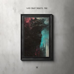 Dystopian Portrait: A Gothic masterpiece entwining swirling black clouds, urban decay // DIGITAL DOWNLOAD Gifts under 10