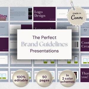 Może przedstawiać: Szablon prezentacji dla wytycznych marki, z kolorystyką fioletową i szarą. Szablon zawiera 50 stron i jest w 100% edytowalny. Tekst "The Perfect Brand Guidelines Presentations" jest wyświetlany dużą czcionką. Szablon został stworzony w Canva.