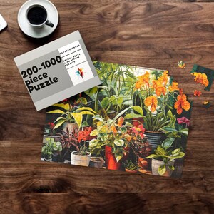 May include: A 200-1000 piece jigsaw puzzle featuring a colorful still life of potted plants with yellow flowers. The puzzle box is visible in the top left corner of the image.
