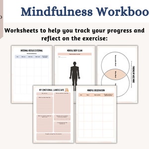 Pu&ograve; includere: Un quaderno di lavoro di mindfulness stampabile con fogli di lavoro per aiutare a tenere traccia dei progressi e riflettere sugli esercizi. I fogli di lavoro includono titoli come "Interno contro esterno", "Scansione mentale del corpo", "Il mio paesaggio emotivo", "Osservazione consapevole" e "Trovare la mia mente saggia".
