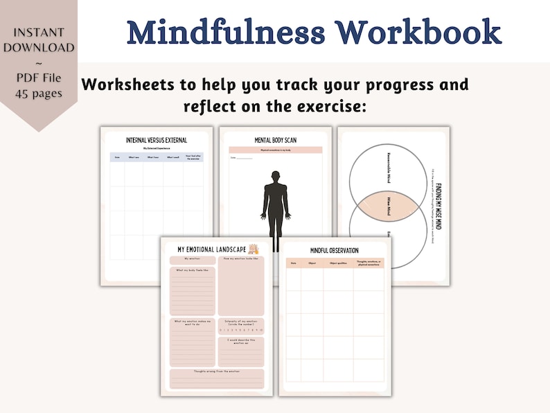 Pu&ograve; includere: Un quaderno di lavoro di mindfulness stampabile con fogli di lavoro per aiutare a tenere traccia dei progressi e riflettere sugli esercizi. I fogli di lavoro includono titoli come "Interno contro esterno", "Scansione mentale del corpo", "Il mio paesaggio emotivo", "Osservazione consapevole" e "Trovare la mia mente saggia".