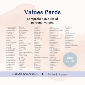 May include: A digital document titled Values Cards featuring a comprehensive list of personal values from Accountability to Wisdom. The text includes 100+ cards, Instant Download, and A4 size | 11 pages, presented on a light background.