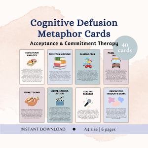 Può includere: Un set di 40 carte metaforiche di defusione cognitiva per la terapia di accettazione e impegno. Le carte presentano illustrazioni e testo per esercizi come Sushi Train Analogy, The Story Machine, Passing Cars e Slow It Down. Formato A4.