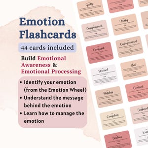 Puede incluir: Juego de tarjetas de emociones (Emotion Flashcards) con 44 tarjetas para desarrollar la conciencia emocional y el procesamiento. Las tarjetas presentan emociones como "Guilty", "Happy", "Confused" y "Stressed", para identificar, comprender y gestionar las emociones.