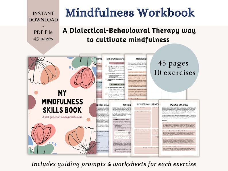 Pu&ograve; includere: Un download digitale di un quaderno di lavoro sulla mindfulness con 45 pagine e 10 esercizi. La copertina presenta un design floreale rosa e verde con il titolo "Il mio libro di competenze di mindfulness: Una guida DBT per coltivare la consapevolezza".