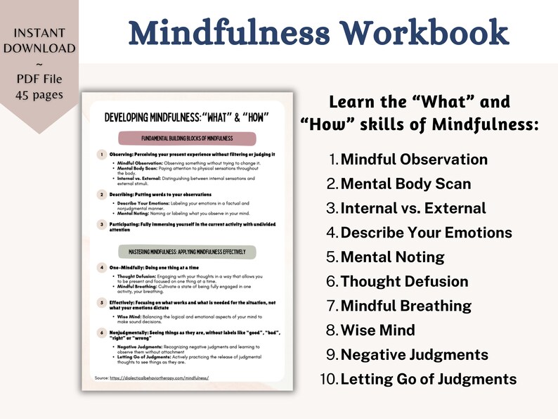 Pu&ograve; includere: Un quaderno di lavoro sulla mindfulness stampabile blu e bianco con il titolo "Mindfulness Workbook" e il testo "Impara le abilit&agrave; "Cosa" e "Come" della mindfulness:" seguito da un elenco numerato di tecniche di mindfulness.