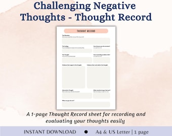 Registro de pensamientos Hojas de trabajo de terapia cognitivo conductual Desafiando los pensamientos negativos automáticos Desafiando el diálogo interno negativo Registro de pensamientos Diario de pensamientos